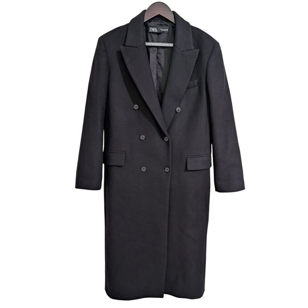 ZARA MANTECO Women's Black Double Breasted Wool Blend Long Coat Jacket XS